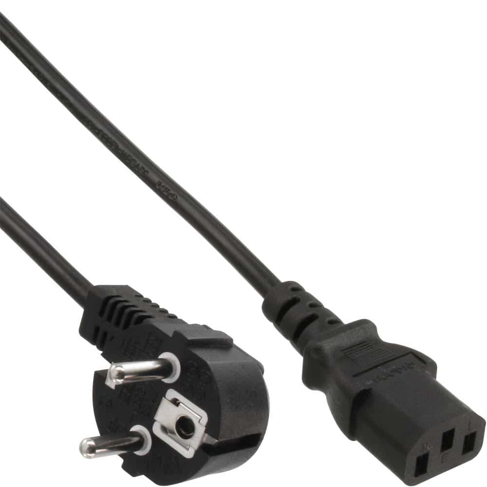 Изключително дълъг/цветен мрежов кабел, защитен контакт под ъгъл към IEC щепсел C13